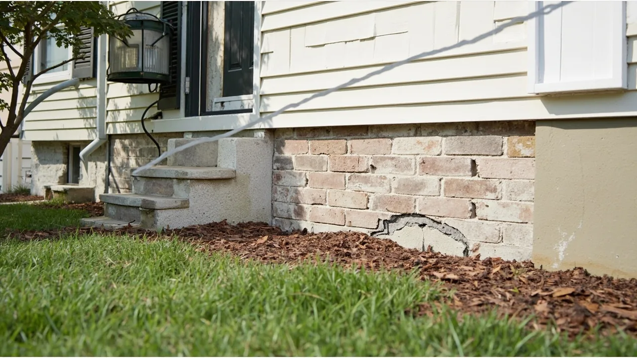 Representative residential foundation crack near a home exterior